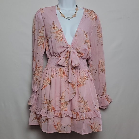 Dresses & Skirts - Women V Neck Chiffon  Print Dress Self tie Knot Front Ruffles Leopord  Dress